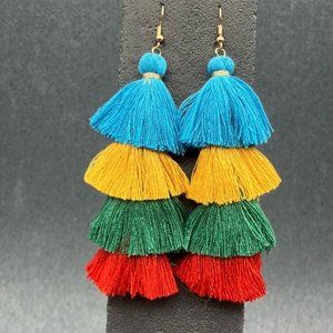 Dangle Pierced Earrings Tassel Multicolor Long Blue Yellow Green Red Retro BoHo
